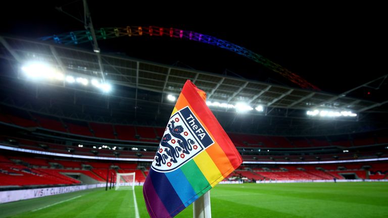 A general view of a rainbow corner-flag during the Middlesex County Football League Division One match between Stonewall FC and AFC Wilberforce at Wembley Stadium on November 30, 2018 in London, England