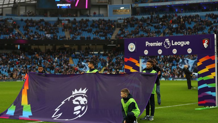 Stonewall rainbow handshake board and walkout flag during the Premier League match between Manchester City and AFC Bournemouth at Etihad Stadium on December 1, 2018 in Manchester, United Kingdom