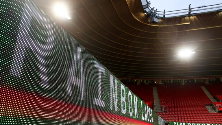 The Rainbow Laces campaign is displayed on the electronic advertising boards before the Premier League match between Southampton FC and Manchester United at St Mary's Stadium on December 01, 2018 in Southampton, United Kingdom