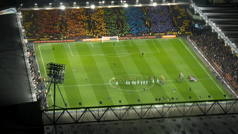 Screengrab of the rainbow tifo at Watford vs Manchester City, Premier League, Vicarage Road