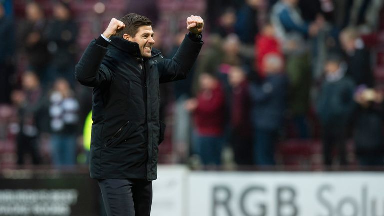 Steven Gerrard celebrates Rangers' victory at Hearts