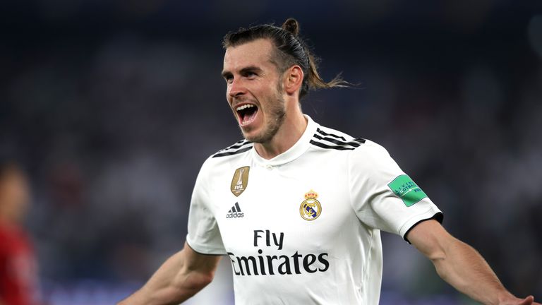 Gareth Bale celebrates scoring Real Madrid's second goal during the Club World Cup semi-final clash against Kashima Antlers.