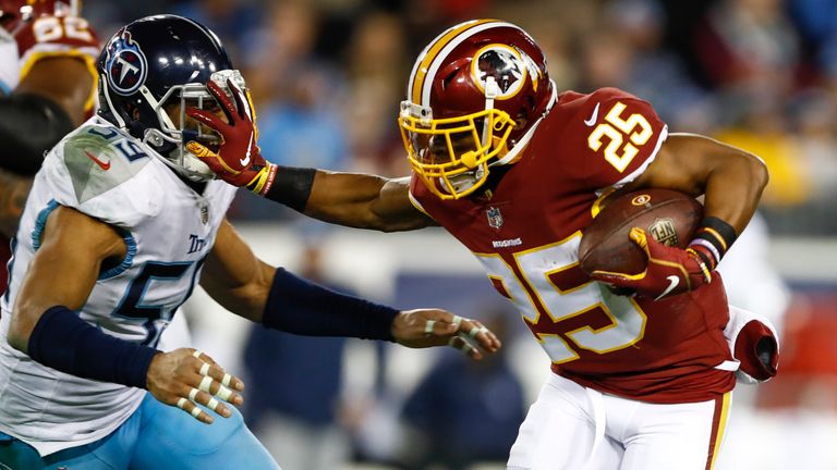 NASHVILLE, TN - DECEMBER 22: Chris Thompson #25 of the Washington Redskins blocks Wesley Woodyard #59 of the Tennessee Titans while running with the ball during the third quarter at Nissan Stadium on December 22, 2018 in Nashville, Tennessee. (Photo by Wesley Hitt/Getty Images)