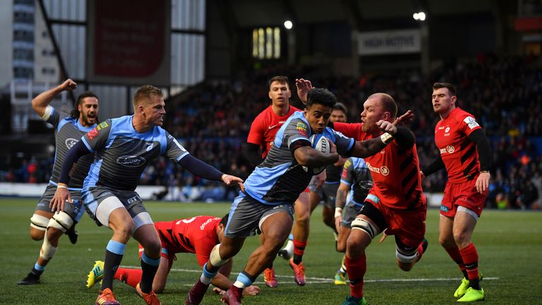 Rey Lee-Lo of Cardiff Blues dives over to score his side's first try during the Champions Cup match between Cardiff Blues and Saracens at Cardiff Arms Park on December 15, 2018 in Cardiff, United Kingdom. 