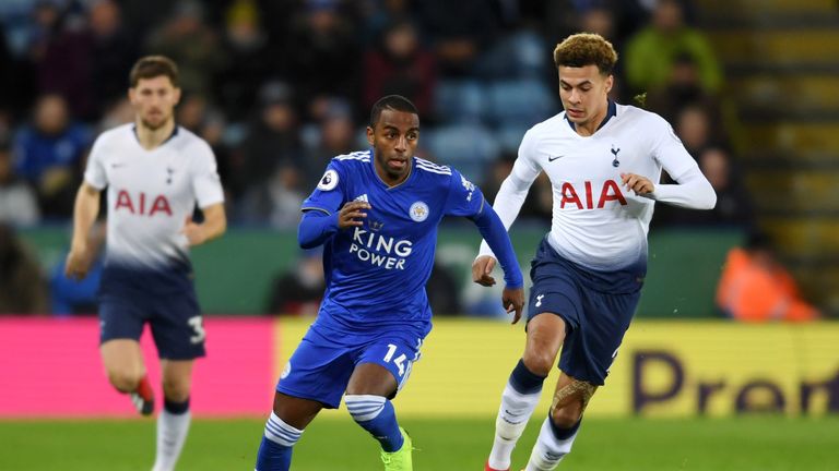 Ricardo Pereira of Leicester City runs with the ball past Dele Alli of Tottenham Hotspur during the Premier League match between Leicester City and Tottenham Hotspur at The King Power Stadium on December 8, 2018 in Leicester, United Kingdom