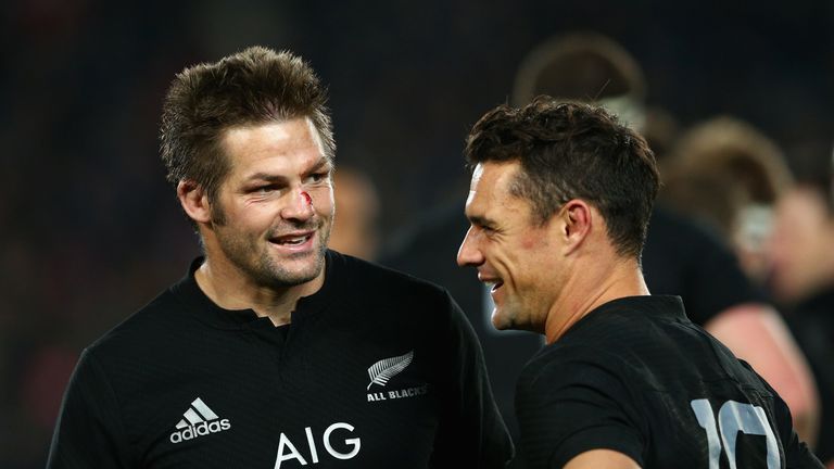 Richie McCaw and Dan Carter (r) during The Rugby Championship, Bledisloe Cup match between the New Zealand All Blacks and the Australian Wallabies at Eden Park on August 15, 2015 in Auckland, New Zealand.