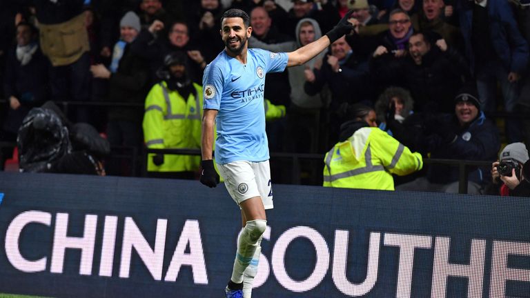 Riyad Mahrez celebrates after scoring Manchester City&#39;s second goal