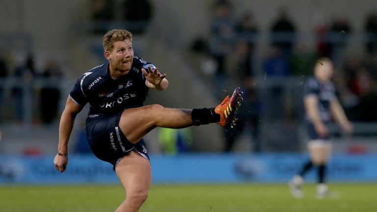 SALFORD, ENGLAND - DECEMBER 22:  Rob Du Preez of Sale Sharks kicks for goal during the Gallagher Premiership Rugby match between Sale Sharks and Bristol Bears at AJ Bell Stadium on December 22, 2018 in Salford, United Kingdom. (Photo by Nigel Roddis/Getty Images)          