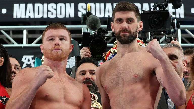 Saul "Canelo" Alvarez and WBA super middleweight champion Rocky Fielding pose after weighing in for their December 15, 2018 fight at Madison Square Garden in New York City. 