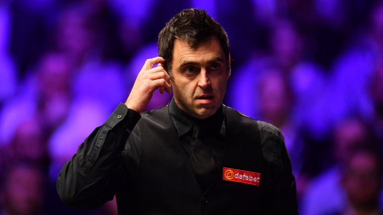 Ronnie O'Sullivan of England reacts during his match against Mark Allen of Northern Ireland during The Dafabet Masters on Day Five at Alexandra Palace on January 18, 2018 in London, England