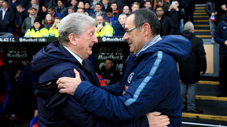 Roy Hodgson, Manager of Crystal Palace shakes hands with Maurizio Sarri, Manager of Chelsea prior to the Premier League match between Crystal Palace and Chelsea FC at Selhurst Park on December 30, 2018 in London, United Kingdom. 