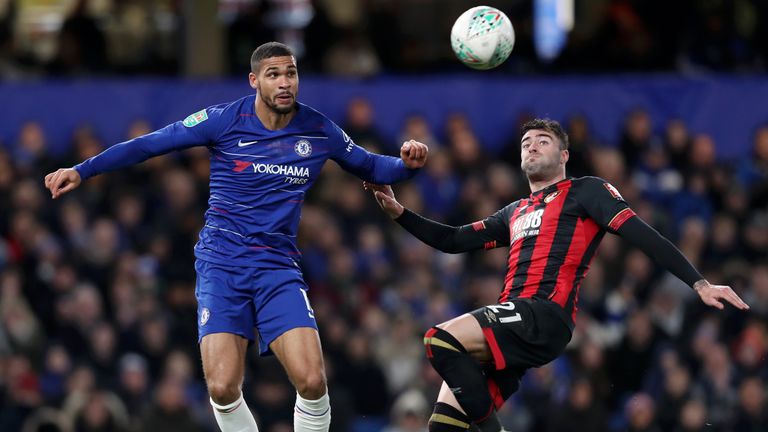 Chelsea's Ruben Loftus-Cheek challenges for the ball against Bournemouth 