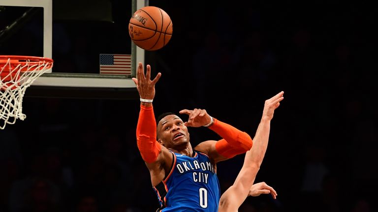 Russell Westbrook #0 of the Oklahoma City Thunder catches a rebound during the fourth quarter of the game against Brooklyn Nets at Barclays Center on December 05, 2018 in New York City.