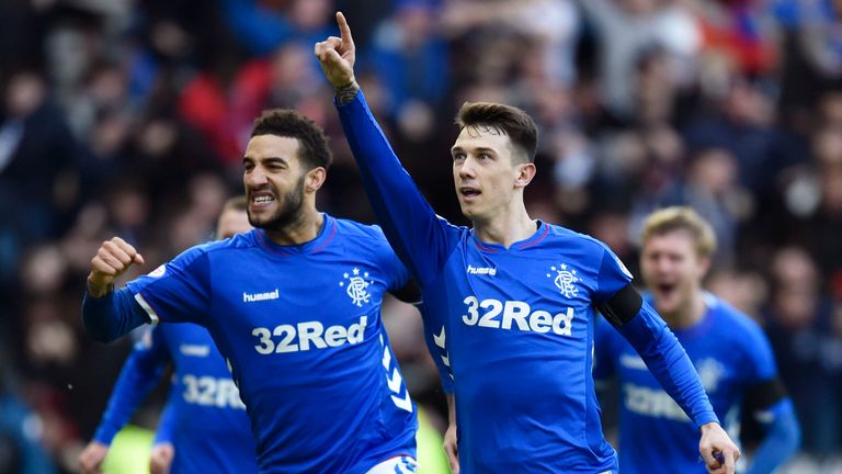 Rangers' Ryan Jack celebrates his opener with Connor Goldson (left)