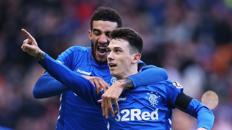 Ryan Jack of Rangers celebrates scoring his teams first goal of the game