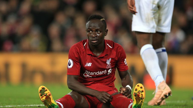 Liverpool's Sadio Mane on the ground during the Premier League match at Anfield, Liverpool.