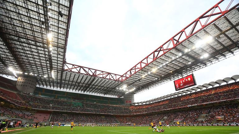 during the serie A match between AC Milan and Hellas Verona FC at Stadio Giuseppe Meazza on May 5, 2018 in Milan, Italy.