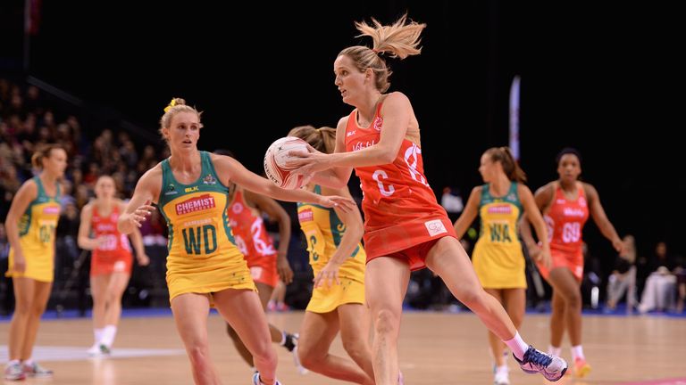 Sara Bayman of England gets past Gabrielle Simpson of Australia during the first match of the Vitality Netball International Series between England and Australia at the Echo Arena on January 20, 2016