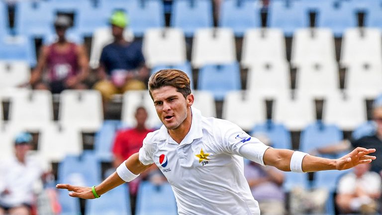 PRETORIA, SOUTH AFRICA - DECEMBER 27:  Shaheen Afridi of Pakistan celebrates after dismissing Temba Bavuma of South Africa during day 2 of the 1st Castle Lager Test match between South Africa and Pakistan at SuperSport Park on December 27, 2018 in Pretoria, South Africa. (Photo by Sydney Seshibedi/Gallo Images)