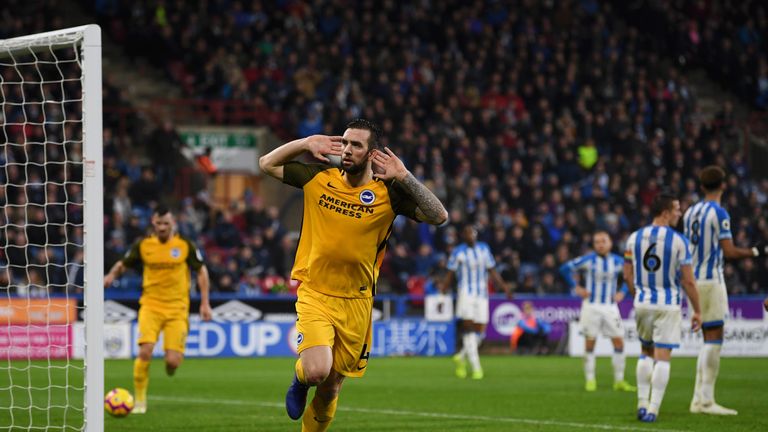Shane Duffy of Brighton and Hove Albion celebrates after scoring his team's first goal during the Premier League match between Huddersfield Town and Brighton & Hove Albion at John Smith's Stadium on December 1, 2018 in Huddersfield, United Kingdom.