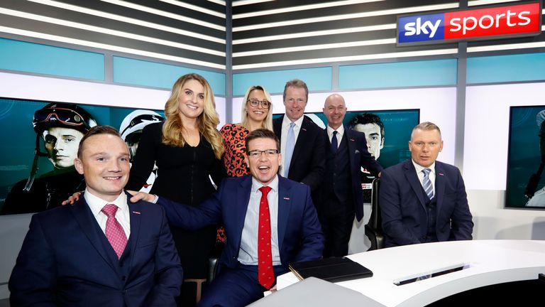 The New Sky Sports Racing Studio with presenters Freddie Tylicki, Hayley Moore, Jason Weaver, Alex Hammond, Mick Fitzgerald, Luke Harvey and Matt Chapman (left to right).Sky Sports Racing 5.12.18.Pic Dan Abraham-focusonracing.com