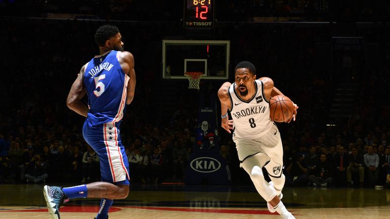 Spencer Dinwiddie of the Brooklyn Nets handles the ball against the Philadelphia 76ers