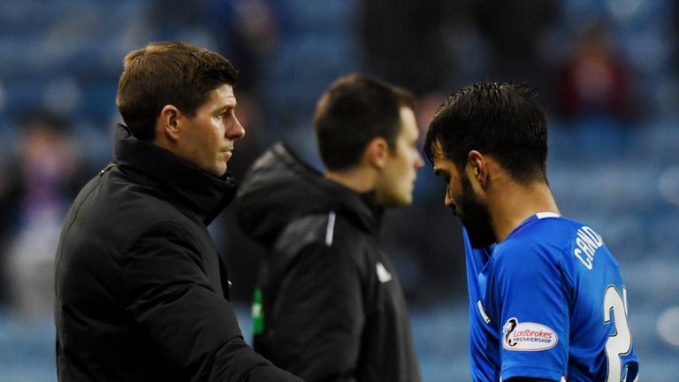 Rangers manager Steven Gerrard with Daniel Candeias at full-time