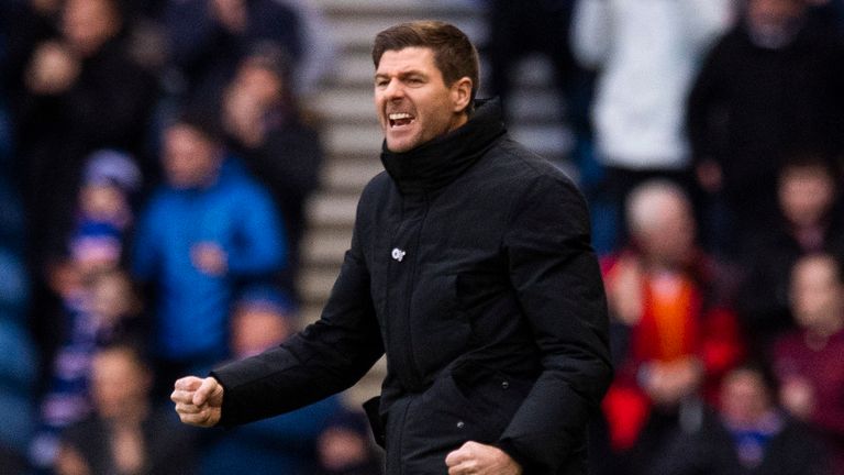 Steven Gerrard celebrates after Daniel Candeias scored to make it 1-0 against Hamilton