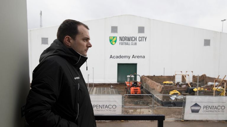 Norwich City football club's sporting director Stuart Webber looking over new building work on the club's academy at the Colney training centre