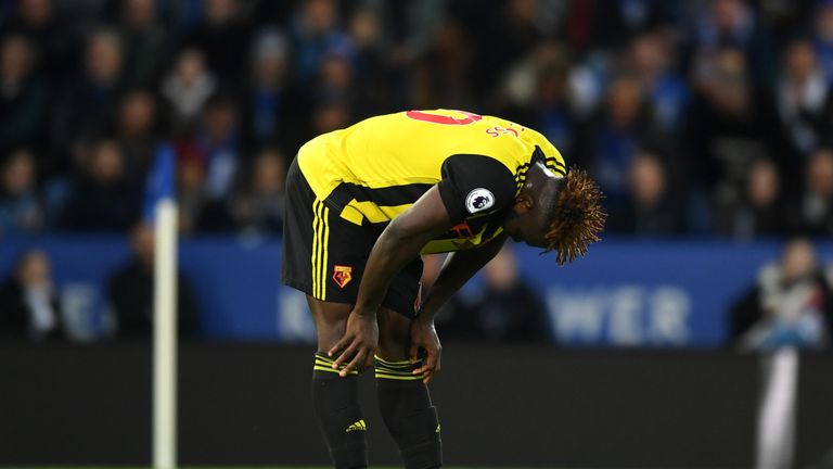 Isaac Success reflects on a missed chance during the Premier League match between Leicester City and Watford.