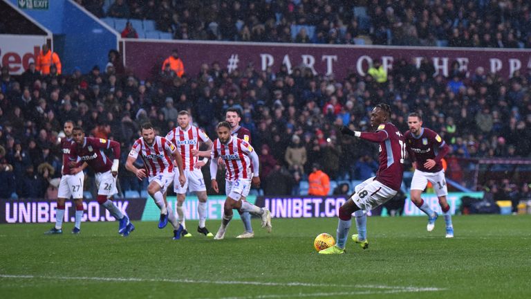 Tammy Abraham scores from the penalty spot for Aston Villa against Stoke