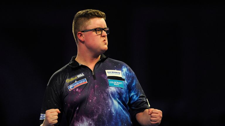 Ted Evetts of England celebrates during his match against Simon Stevenson of England on Day Two of the 2019 William Hill World Darts Championship at Alexandra Palace on December 14, 2018 in London, United Kingdom.
