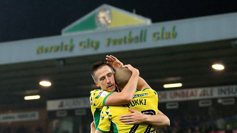 Teemu Pukki and Marco Stiepermann celebrate after the former's goal for Norwich against Rotherham