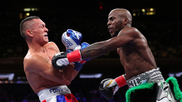 NEW YORK, NY - DECEMBER 15:  IBF super featherweight champion Tevin Farmer and Francisco Fonseca during their December 15, 2018 fight at Madison Square Garden in New York City.  (Photo by Ed Mulholland/Matchroom Boxing USA)