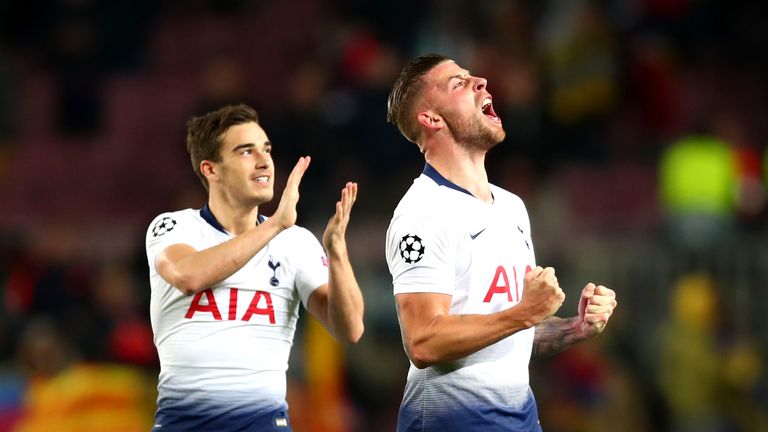 Toby Alderweireld (right) and Harry Winks celebrate after Tottenham&#39;s 1-1 draw at Barcelona