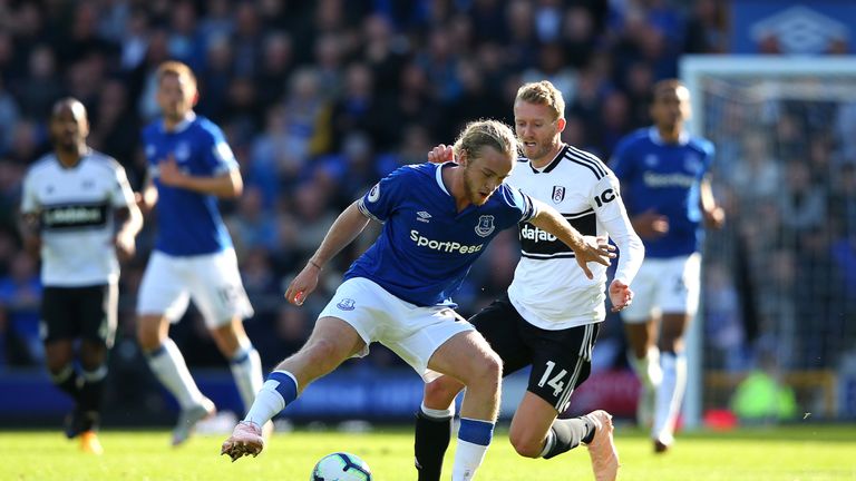 Tom Davies during the Premier League match between Everton FC and Fulham FC at Goodison Park on September 29, 2018 in Liverpool, United Kingdom.