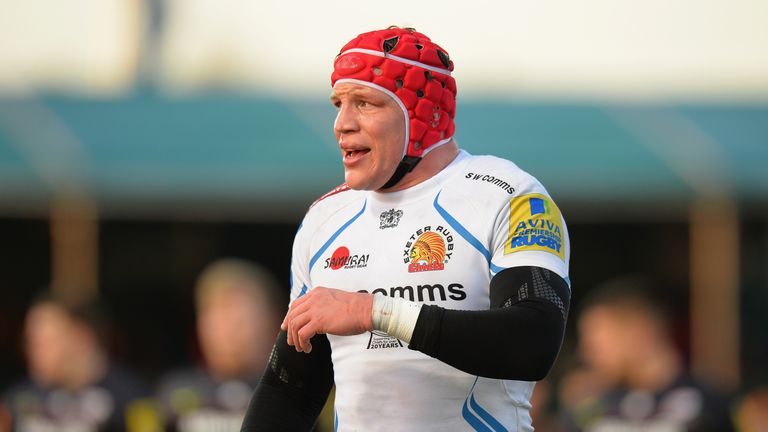 Tom Johnson of Exeter Chiefs during the LV= Cup match between Saracens and Exeter Chiefs at Allianz Park on February 8, 2015 in Barnet, England. 