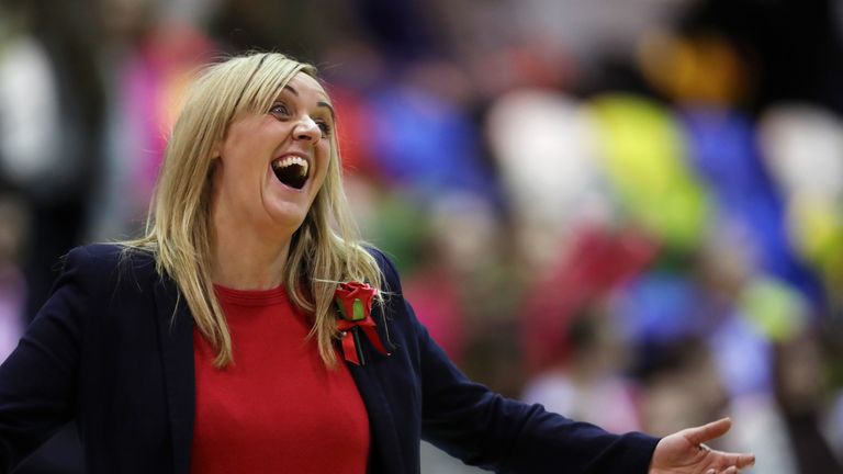 Vitality Roses Head Coach Tracey Neville of England celebrates after her teams victory after the Vitality Netball International Series match between England and Uganda at the Copper Box Arena on November 30, 2018 in London, United Kingdom.