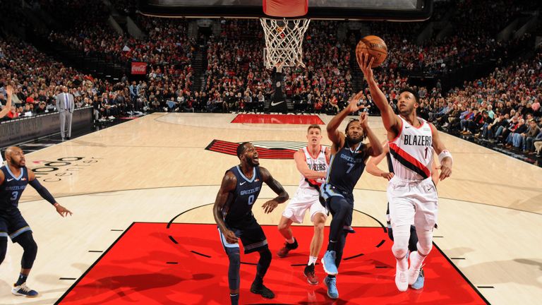Evan Turner of the Portland Trail Blazers goes for layup against the Memphis Grizzlies