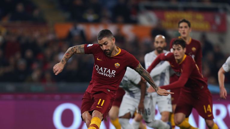 ROME, ITALY - DECEMBER 02:  Aleksander Kolarov of AS Roma scores the team's second goal from penalty spot during the Serie A match between AS Roma and FC Internazionale at Stadio Olimpico on December 2, 2018 in Rome, Italy.  (Photo by Paolo Bruno/Getty Images)