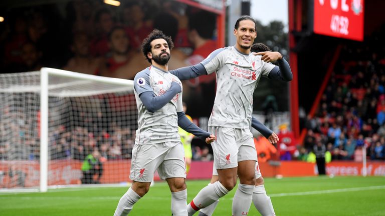 Mohamed Salah celebrates his second goal with Virgil van Dijk