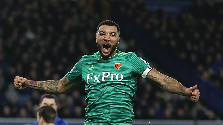 Troy Deeney celebrates Watford's second goal against Everton