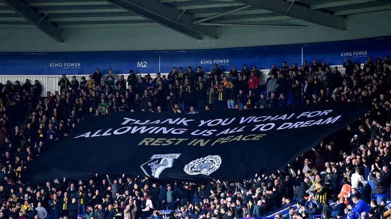 Watford fans displayed a large banner in memory of  Vichai
Srivaddhanaprabha at the King Power Stadium
