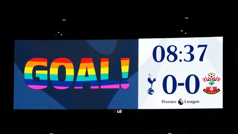 The big screen scoreboard showing a rainbow laces goal sign during the Premier League match between Tottenham Hotspur and Southampton FC at Wembley Stadium on December 5, 2018 in London, United Kingdom