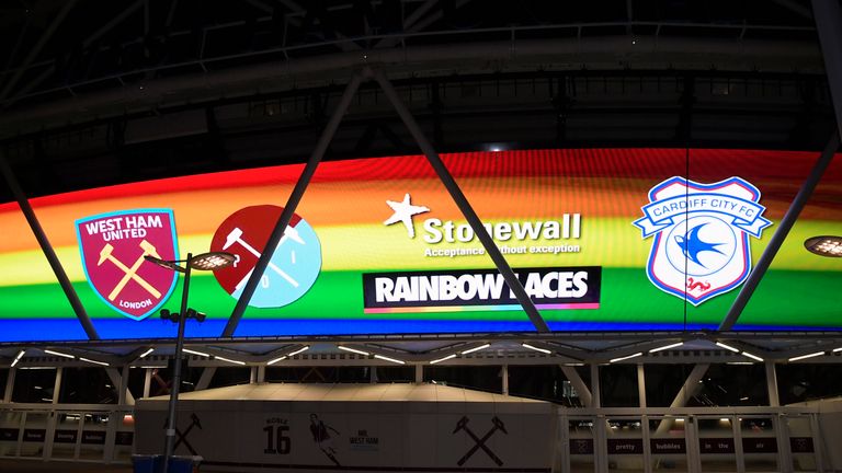 A general view of the stadium exterior as West Ham United show their support for the Stonewall Rainbow Laces Campaign prior to the Premier League match between West Ham United and Cardiff City at London Stadium on December 4, 2018 in London, United Kingdom