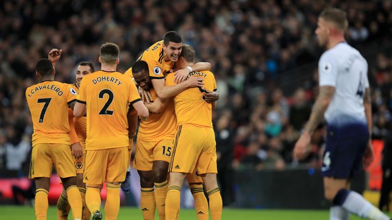 Willy Boly is mobbed by team-mates after his equaliser for Wolves