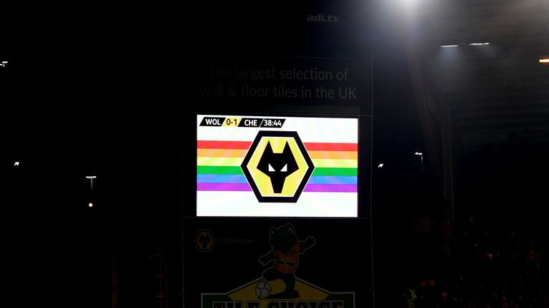 General view inside the stadium showing the big screen with rainbow branding during the Premier League match between Wolverhampton Wanderers and Chelsea FC at Molineux on December 5, 2018 in Wolverhampton, United Kingdom