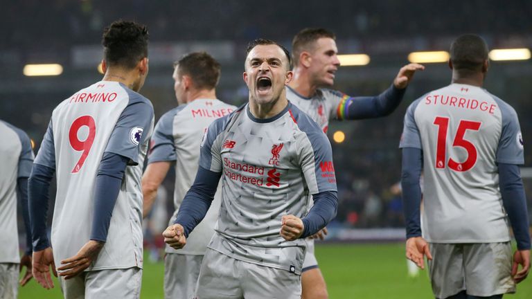 Xherdan Shaqiri celebrates scoring Liverpool's third goal