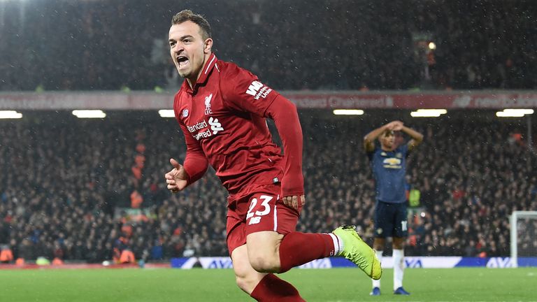 Xherdan Shaqiri celebrates after scoring Liverpool's second goal against Manchester United