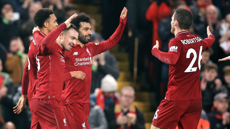 Xherdan Shaqiri celebrates putting Liverpool 3-0 up